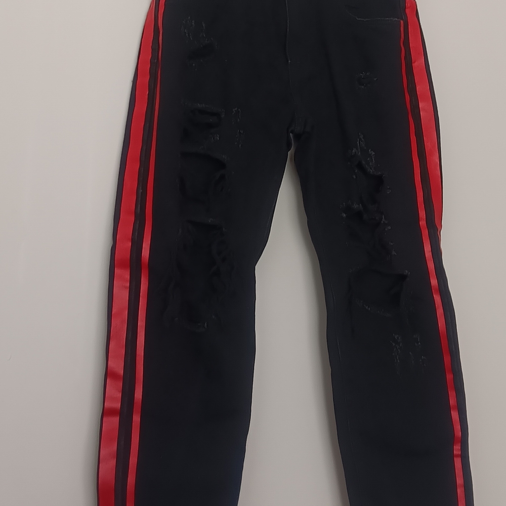 Black Distressed Jeans with Red Stripes